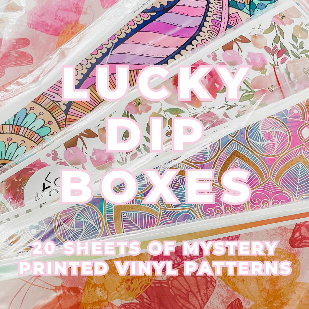 LUCKY DIP BOX - 20 Sheets of Mystery Patterned Printed Self Adhesive Vinyl