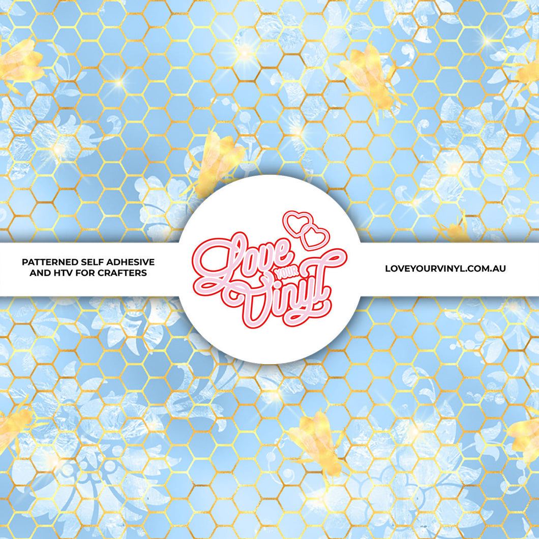 Blue Gold Honeycomb Bees Patterned Vinyl LYV_1651