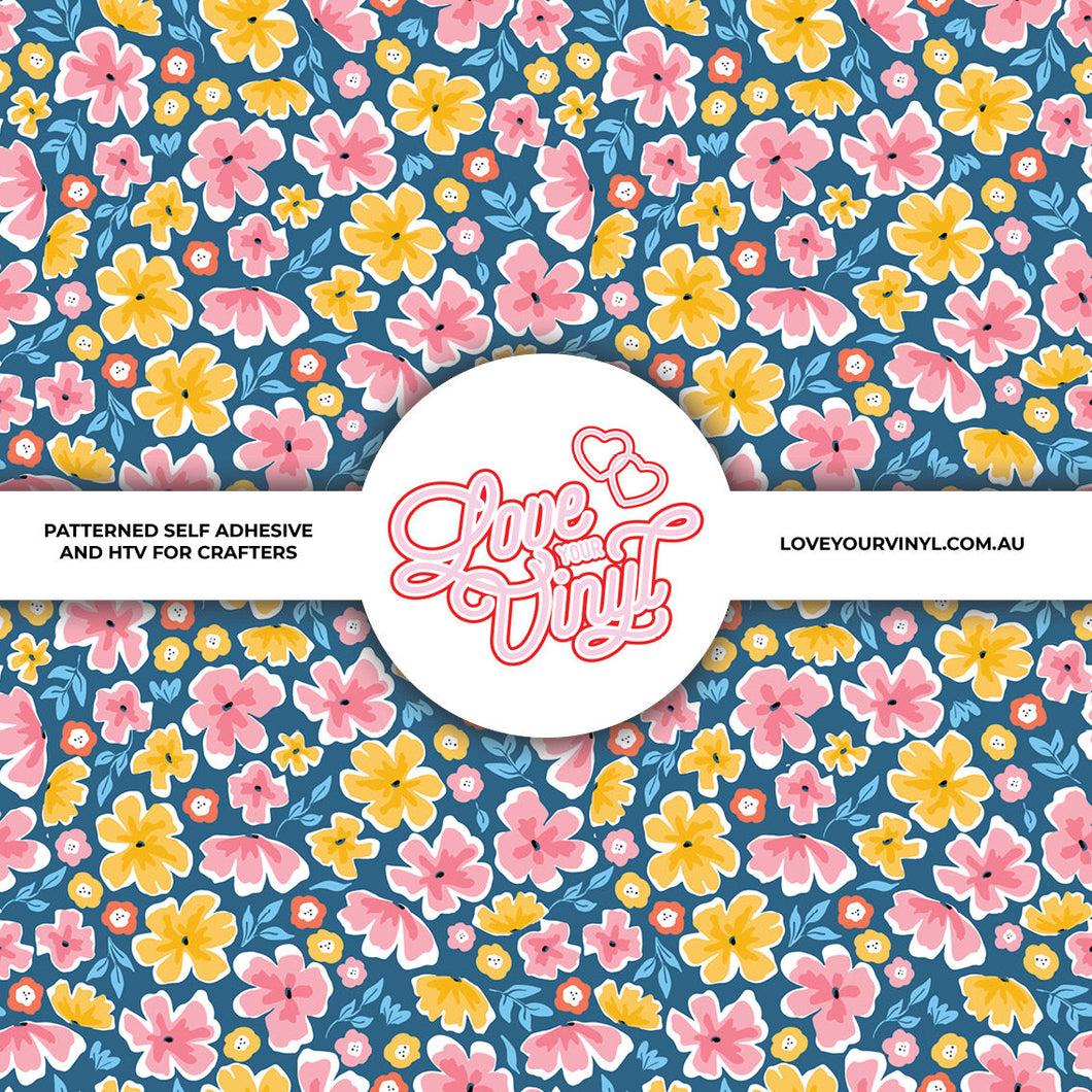 Navy Pink and Yellow Floral Patterned Vinyl LYV_2251