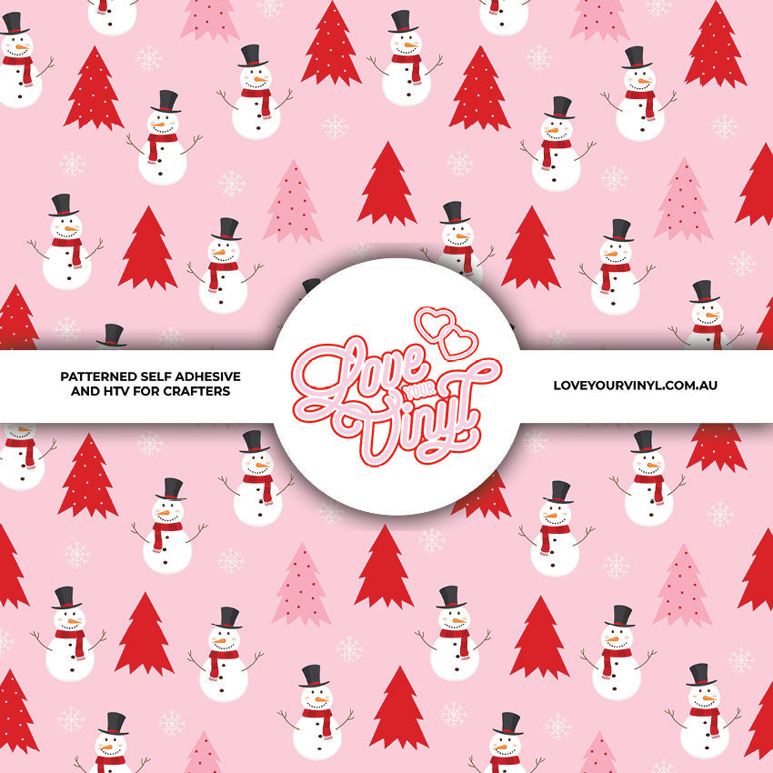 Pink and Red Christmas Tree and Snowman Christmas Patterned Vinyl LYV_2758