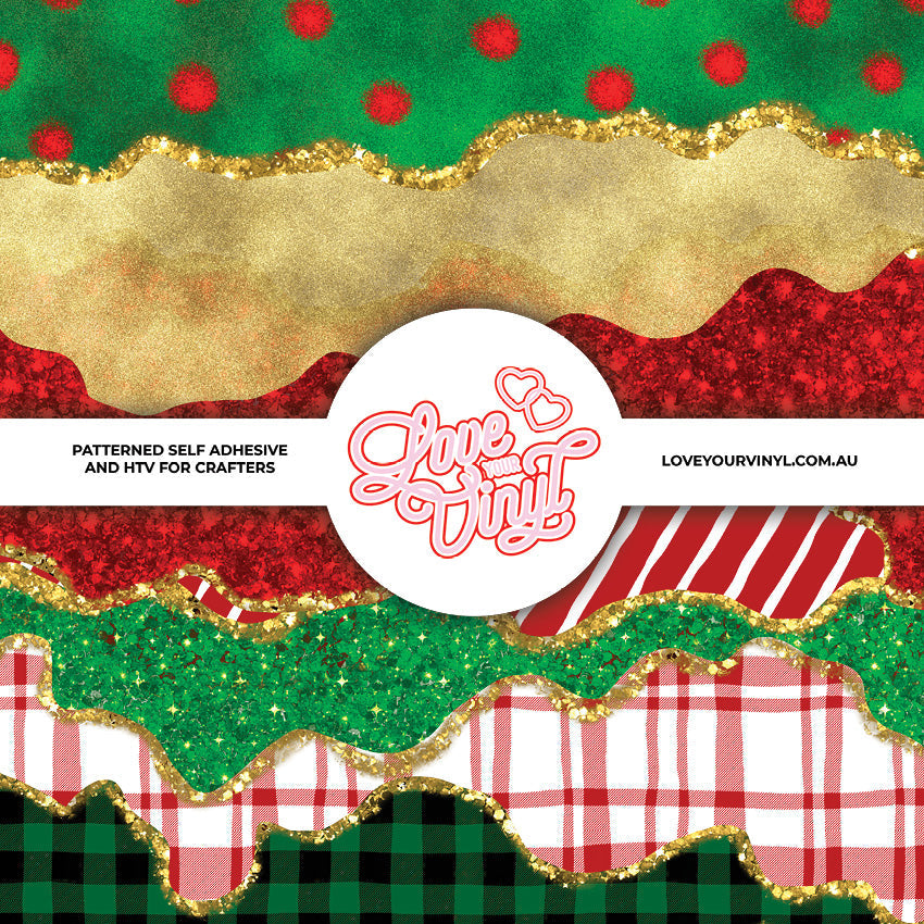 Red Green and Gold Glitter Christmas Patterned Vinyl LYV_2776