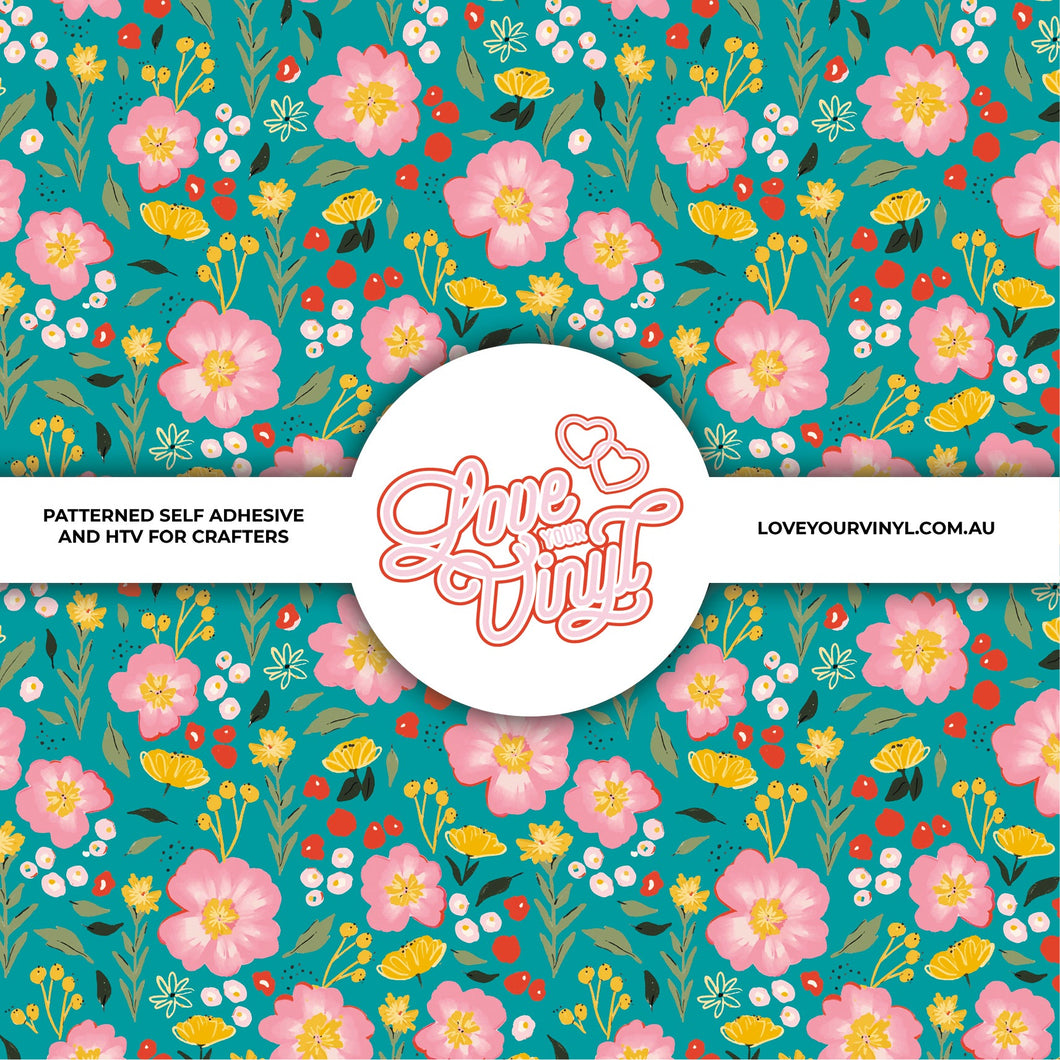 Pink Teal Floral Patterned Vinyl LYV_400