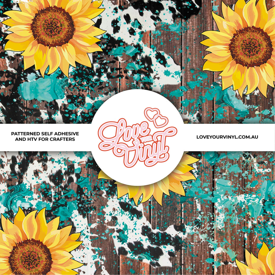 Country Sunflowers Cowprint Patterned Vinyl LYV_618