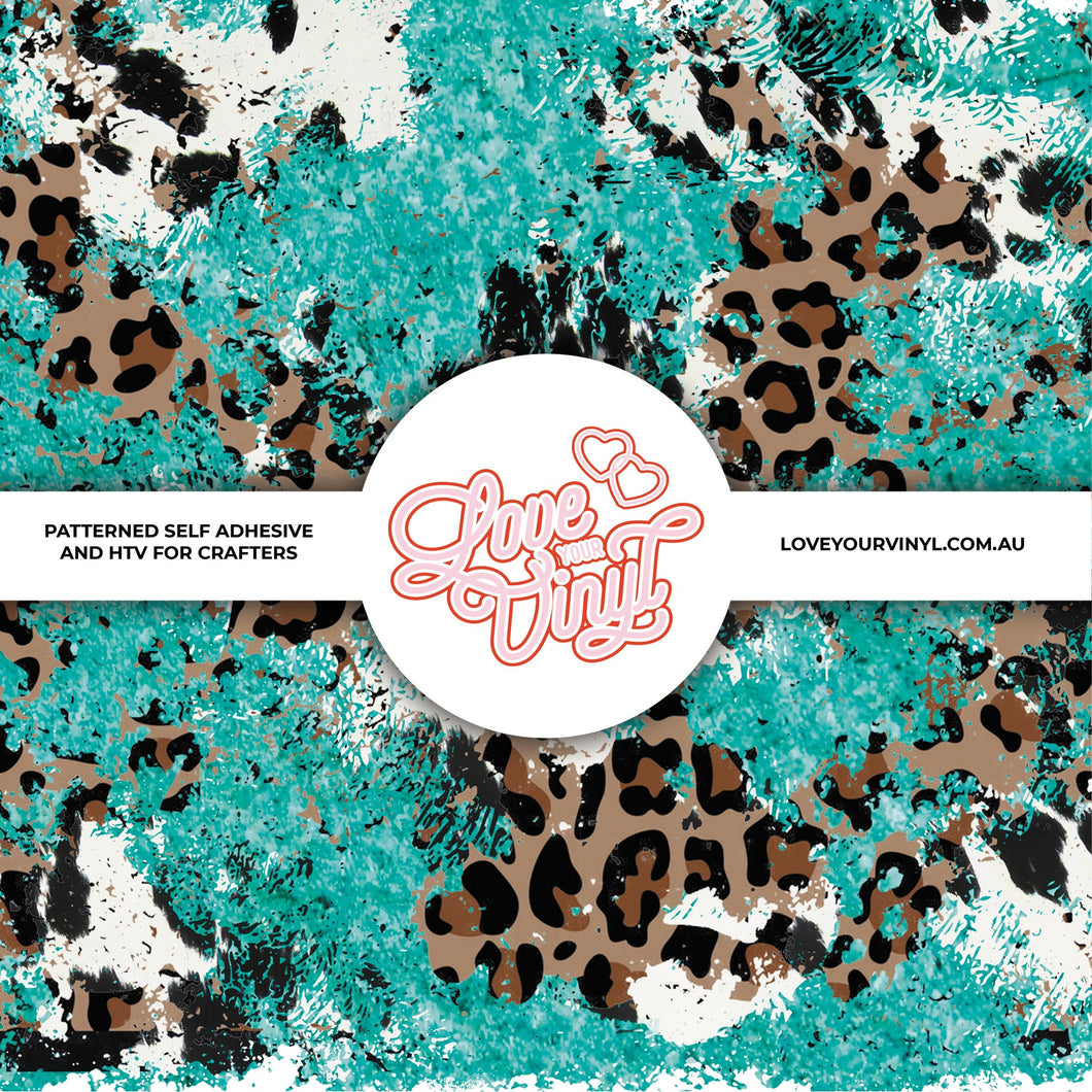 Teal Leopard and Cow Print Patterned Vinyl LYV_626