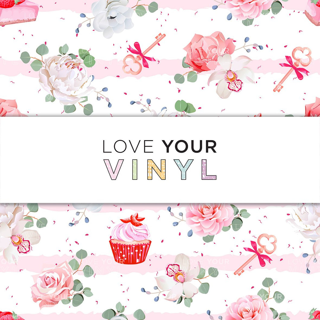 Watercolour Pink Florals and Cupcakes Patterned Vinyl LYV_739