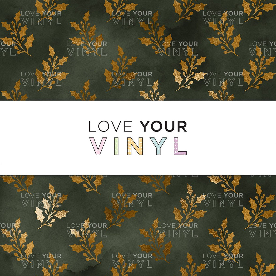 Olive Green Christmas Gold Holly Leaves Patterned Vinyl LYV_916